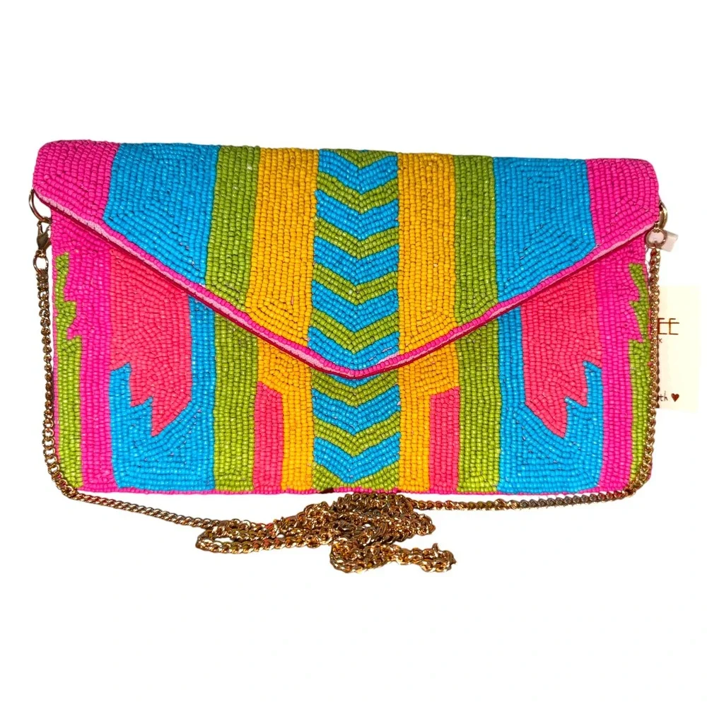 Kay Lee NWT Beaded Envelope Clutch Crossbody Tribal Southwest Boho Colorful